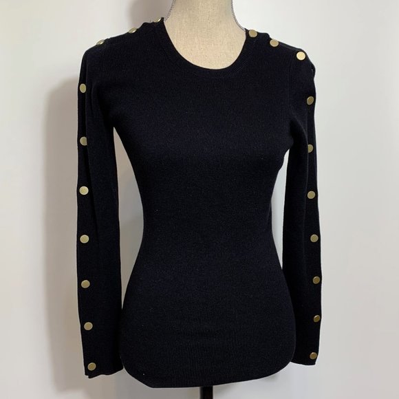 Vanessa Bruno NWT Black Button Sleeve Crew Neck Pullover Sweater Top Size Small